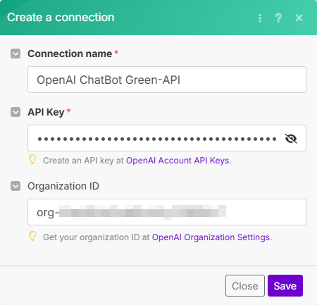 תמונות עם הנתונים שהוזנו לחיבור עם OpenAI